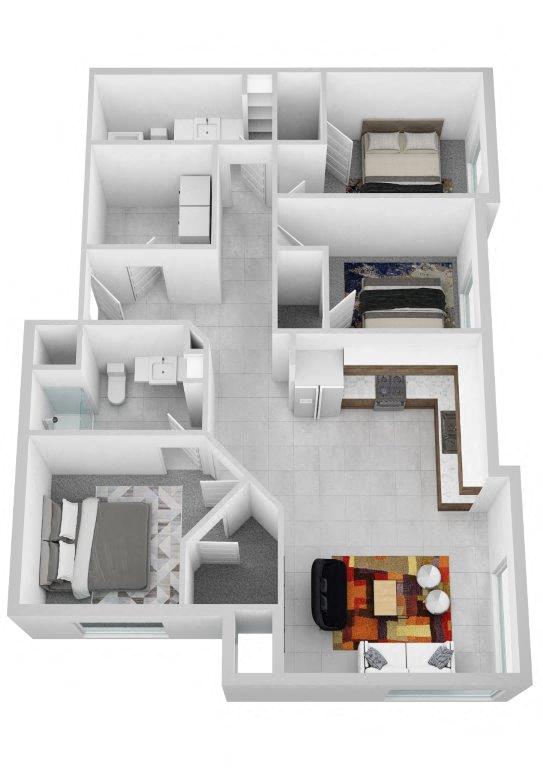 Floor plan for 3 beds, 2 baths, 1224 sqft